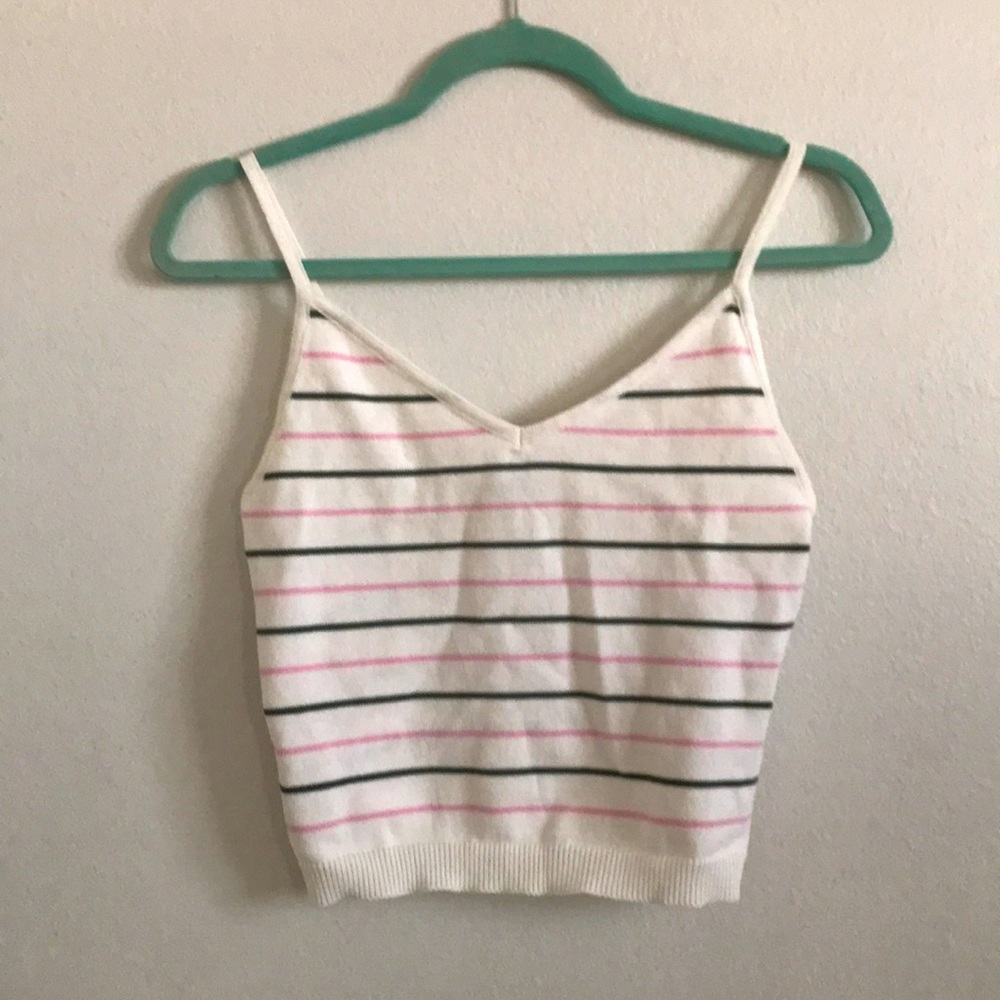 White tank top with Pink and Army Green Stripes
